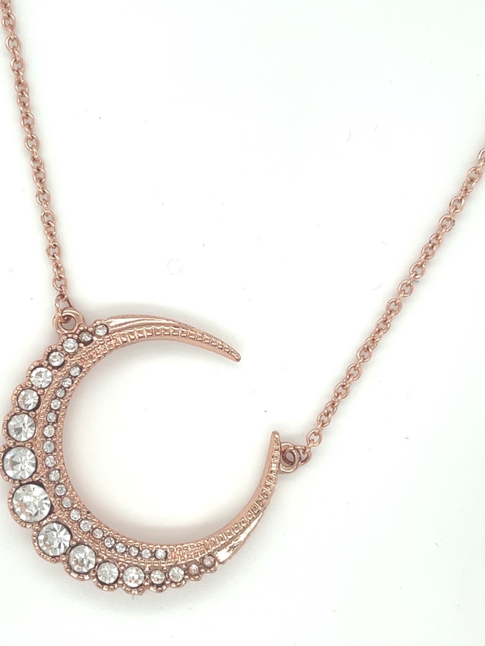 Crescent moon necklace, Rose gold with CZ stones